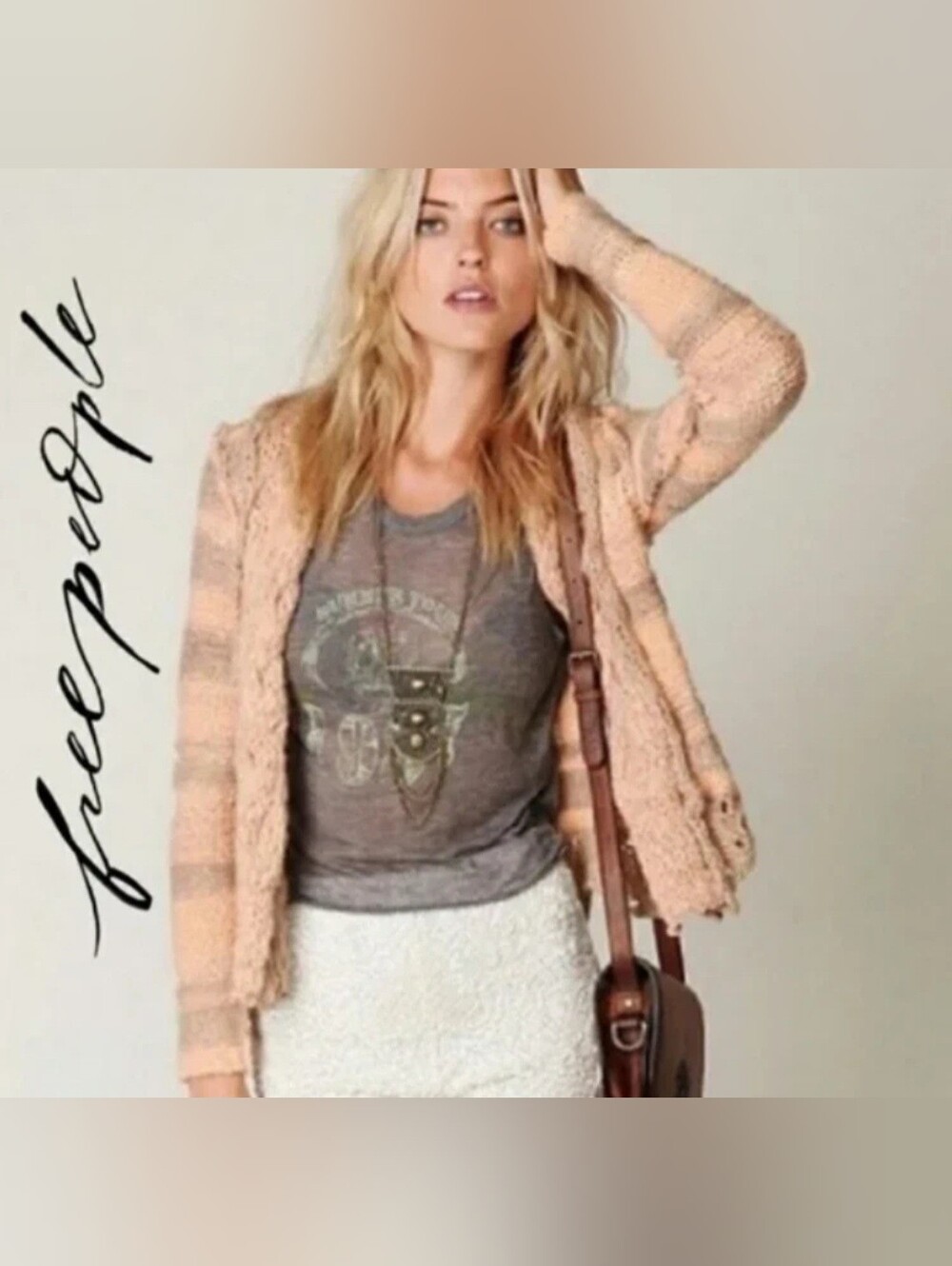 Free People Women’s Medium Chunky Knit Shawl Collar Striped Cardigan Sweater